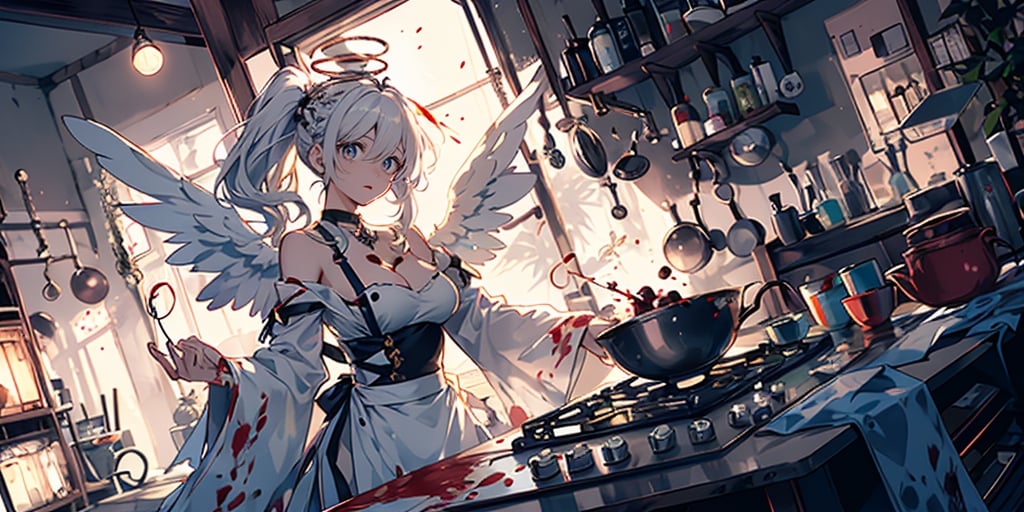 full body,masterpiece, best quality, highres, kta1,1girl, angel, white hair, long curly hair, blue eyes, two blue ribbons on her hair, (Double golden halo on her head), angel wings, ponytail, detached sleeves, cleavage, In the kitchen, bare shoulders, medium breasts, Making heart shaped chocolates, wearing an apron, background_Urban rooftop, despair, ((masterpiece)), (((best quality))), ((ultra-detailed)), ((illustration)), ((disheveled hair)),Blood Cherry Blossom,torn clothes,tearing with eyes open,solo,bandages,Gunpowder smoke,beautiful deatailed shadow, Splashing blood,dust,tyndall effect,portrait,