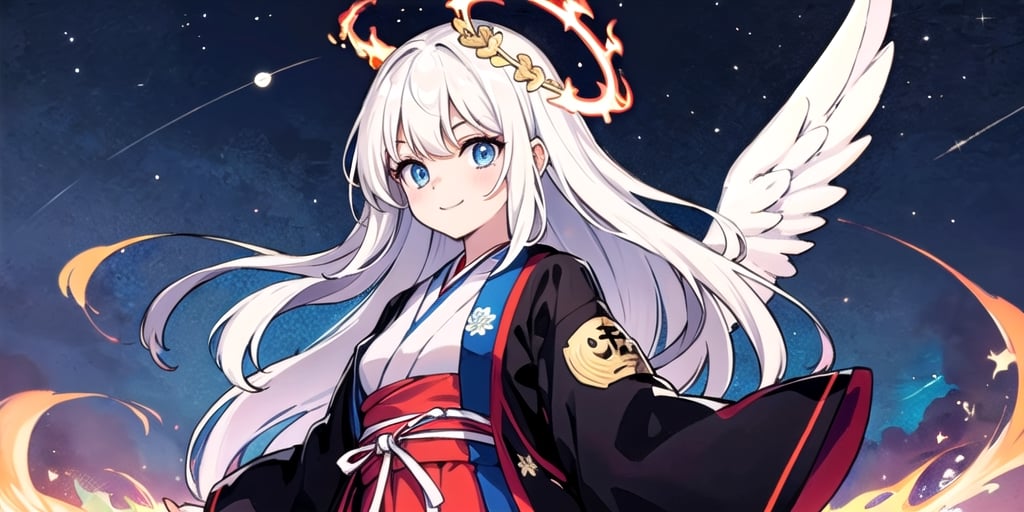 (Best Picture Quality, High Quality, Best Picture Score: 1.3), , Perfect Beauty Score: 1.5, long hair, 1 angel girl, (solo), ((white hair)), (long curly hair), blue eyes, ((two blue ribbons on her hair)), (Double golden halo on her head), (angel wings), (cute outfit), ((Wearing a black Japanese-style flame patterns jacket)), cute smile, background is the night sky with the bright moon hanging high, beautiful, cute, masterpiece, best quality,sarashi