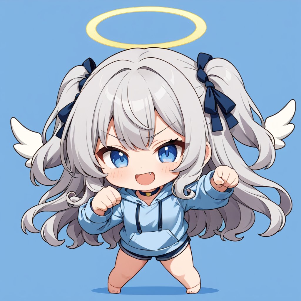 chibi, sd, masterpiece, made by a master, 4k, perfect anatomy, perfect details, best quality, high quality, lots of detail.
(solo),1girl, ((angel)), (white hair), long curly hair, (two side up), blue eyes,  (curly hair:1.2), (wavy hair), (hair curls), (bangs), (two side up), two ((blue)) hair ties on head, (Double golden halo on her head), choker, ((angel wings)), ahoge,one eye closed, Gray hooded long sleeve T-shirt,  Short pants, punching, single, looking at viewer, smiling, fang, happy, slightly angry, chibi, Emote Chibi. simple background, Line,cute comic,simple background, flat color,chibi,Cute girl,dal,Emote Chibi,chibi style,Chibi Style,lineart,