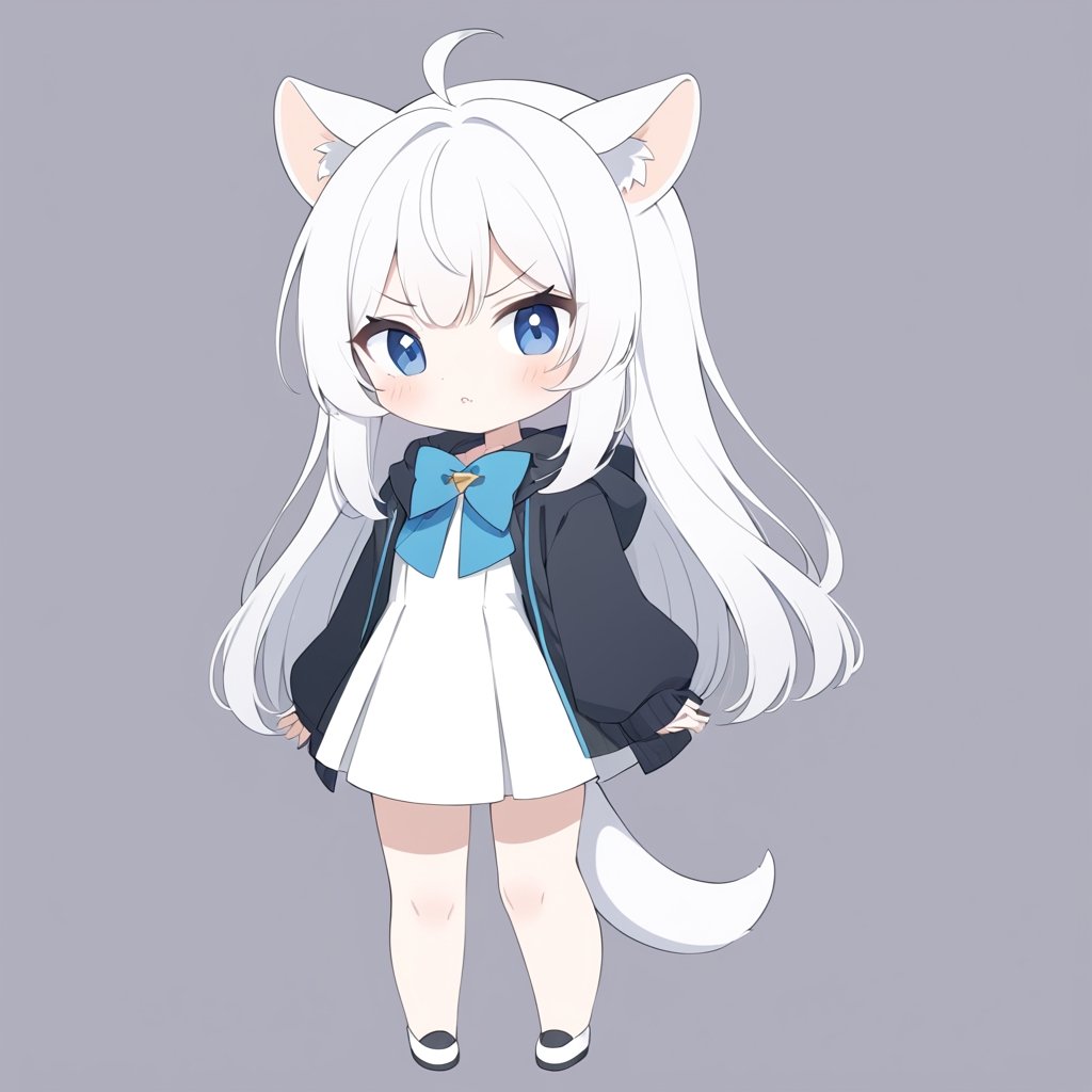 chibi, masterpiece, made by a master, 4k, perfect anatomy, perfect details, best quality, high quality, lots of detail.
(solo),1girl, ((white hair)), very long hair, blue eyes, (straight hair), (bangs), (stoat ears:1.2), ahoge, fang, (big stoat Tail:1.2), (White sleeveless dress, blue chest bow), (black hooded jacket), (Off the shoulders), hugging a rabbit, single, looking at viewer, (slightly angry), (chuckle), (full body) ,Emote Chibi. cute comic,simple background, flat color, Cute girl,Chibi Style,