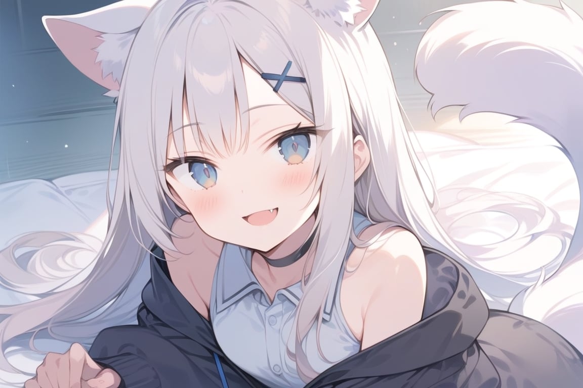 score_9, score_8_up, score_7_up, masterpiece, insane detail, 4k, source_anime, 1girl, solo,  ((white hair)), very long hair, blue eyes, (straight hair), (bangs), animal ears, (stoat ears:1.2), Choker, ahoge, fangs, (big stoat Tail:1.2), (X hairpin), (White sleeveless collared dress, blue chest bow), (black hooded oversized jacket:1.2), (Off the shoulders), 
, shaded face, light white hair, long hair, ahoge, wide smile, ,aesthetic