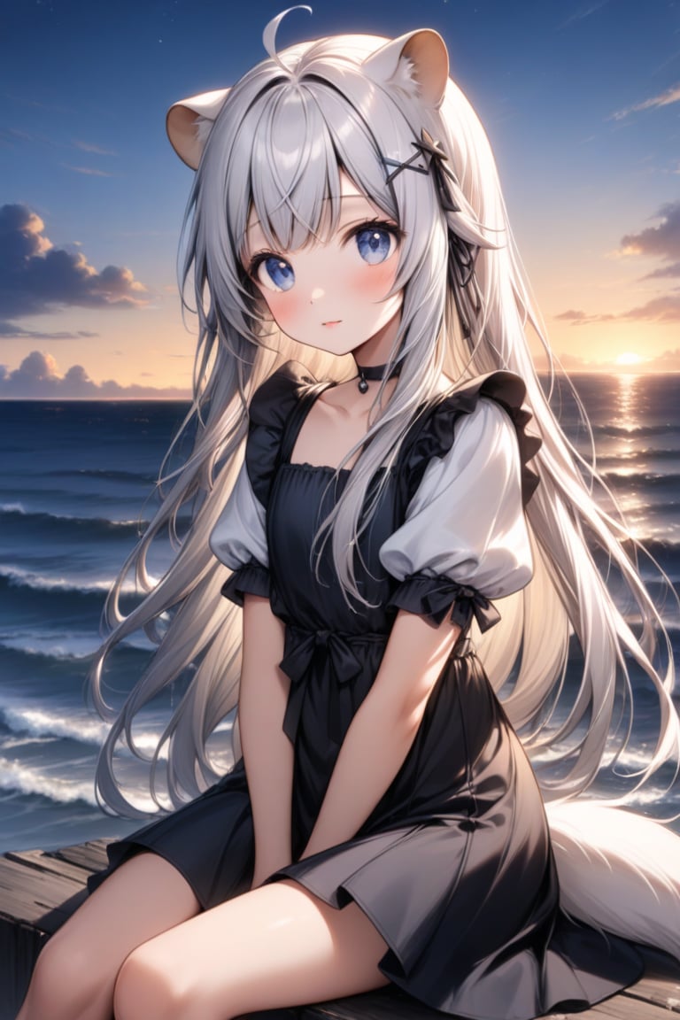 1girl, stoat girl, solo,  ((white hair)), very long hair, blue eyes, (straight hair), (bangs), animal ears, (stoat ears:1.2),
 Choker, ahoge, yaeba, (big white stoat Tail:1.2), (blue X hairpin),  solo, long hair, looking at viewer, blush, bangs, brown hair, hair ornament, dress, sitting, closed mouth, short sleeves, outdoors, sky, puffy sleeves, cloud, wide sleeves, water, black dress, puffy short sleeves, lips, black ribbon, ocean, star \(sky\), sunset, horizon,Detail