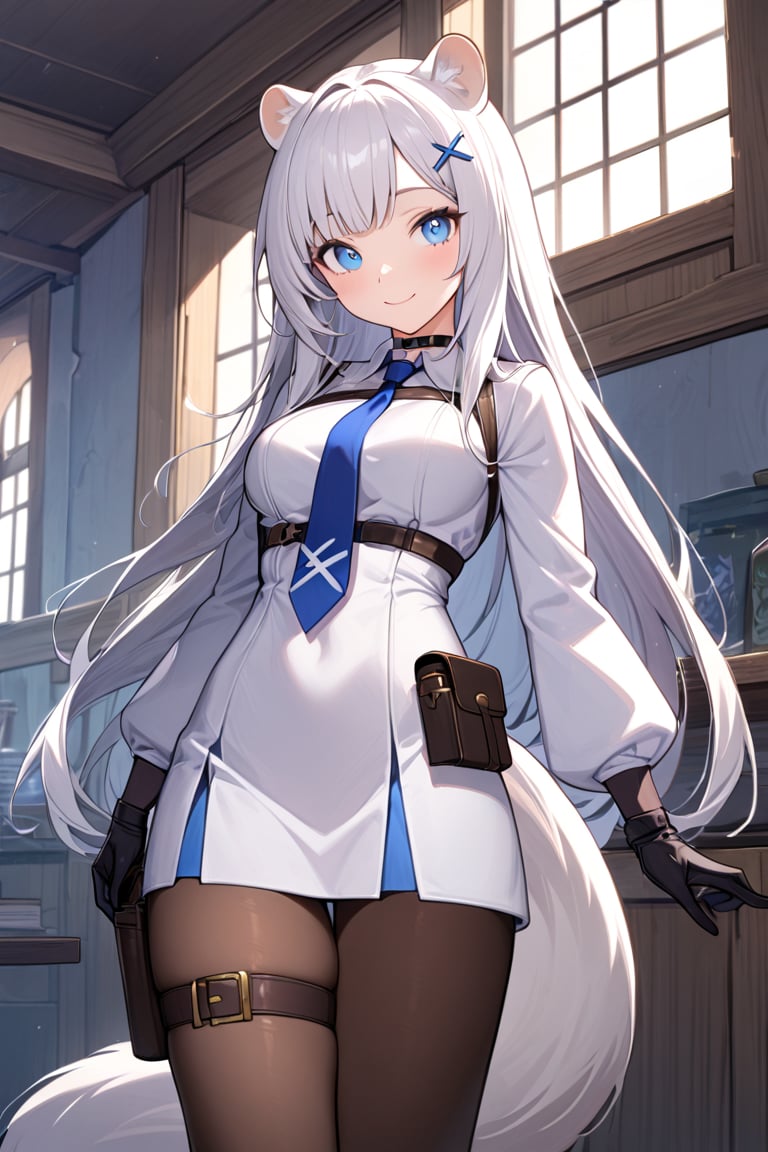 1girl, stoat girl, solo,  ((white hair)), very long hair, blue eyes, (straight hair), (bangs), animal ears, (stoat ears:1.2),
 Choker, ahoge, yaeba, (big white stoat Tail:1.2), (blue X hairpin), solo, long hair, breasts, looking at viewer, smile, bangs, blue eyes, skirt, gloves, long sleeves, dress, medium breasts, very long hair, closed mouth, standing, jacket, white hair, pantyhose, cowboy shot, hairband, necktie, black gloves, indoors, white dress, window, thigh strap, brown pantyhose, blue necktie, holster, thigh holster