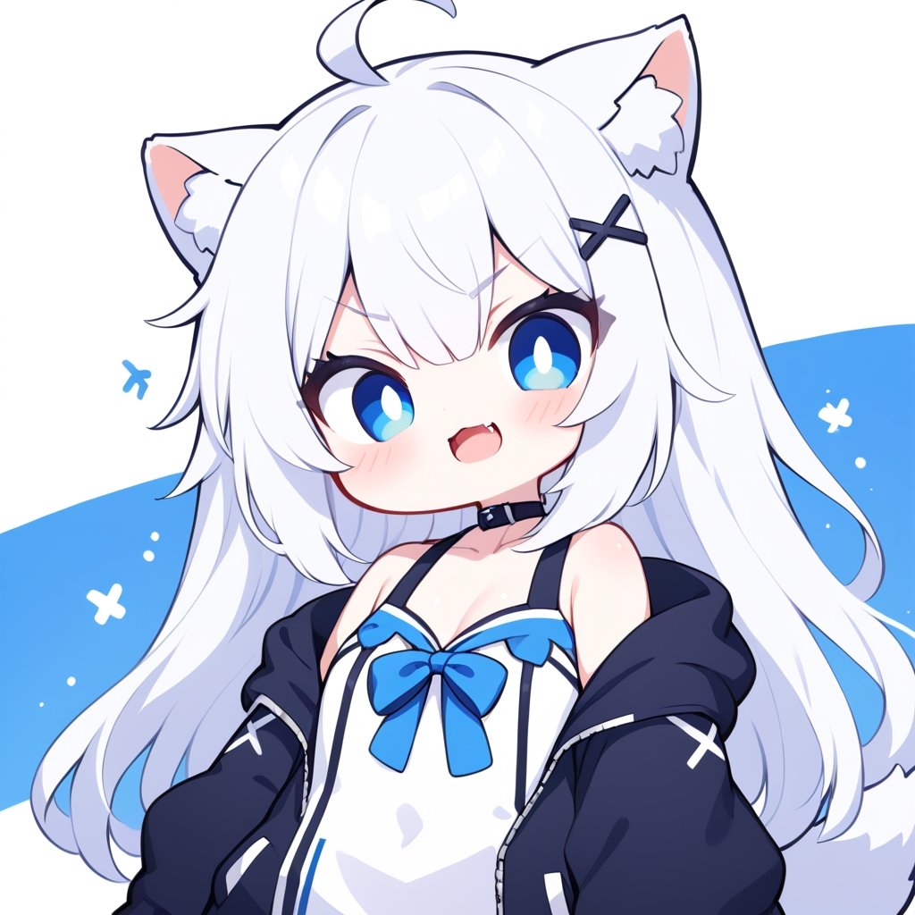 (chibi style), {{{masterpiece}}}, {{{best quality}}}, {{ultra-detailed}}, {beautiful detailed eyes},1girl, solo,  ((white hair)), very long hair, blue eyes, (straight hair), (bangs), animal ears, (stoat ears:1.2), Choker, ahoge, fangs, (big stoat Tail:1.2), (X hairpin), (White sleeveless collared dress, (Two-piece dress), (blue chest bow)), (black hooded oversized jacket:1.2), (Jacket zipper half zipped), (Off the shoulders), ((shadow face:1.2)), (angry eyes), (closed mouth), upper body,chibi emote style,chibi,emote, cute,