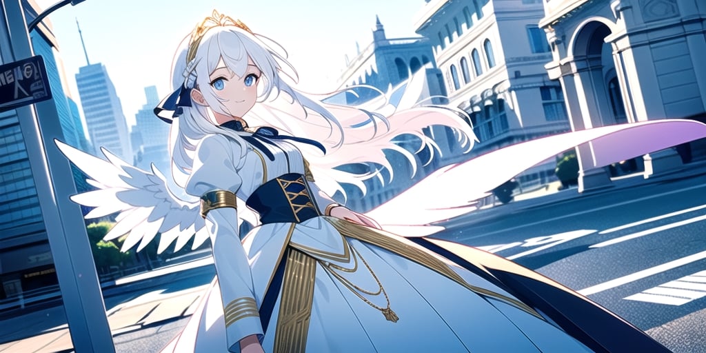 vibrant colors, female, masterpiece, sharp focus, best quality, depth of field, cinematic lighting, ((solo, one woman )), (illustration, 8k CG, extremely detailed), masterpiece, ultra-detailed,
1angel, (white hair), long curly hair, blue eyes, (two blue ribbons on her hair), (Double golden halo on her head), angel wings, dress, cute outfit, sitting by the street, best smile, cute face, perfect light,1girl white hair blue eyes x hair ornament,masterpiece