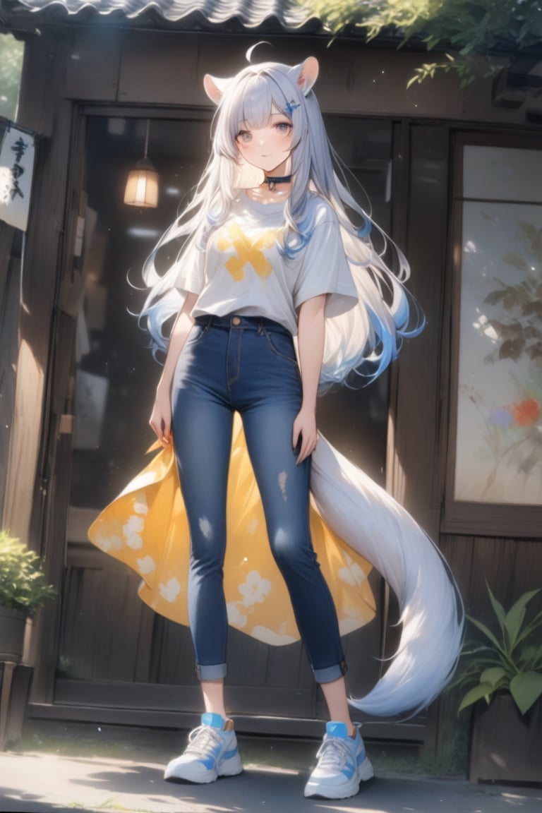 1girl, stoat girl, solo,  ((white hair)), very long hair, blue eyes, (straight hair), (bangs), animal ears, (stoat ears:1.2),
 Choker, ahoge, yaeba, (big white stoat Tail:1.2), (blue X hairpin), very beautiful girl, casual outfit (blouse, jeans, sneakers), Kyoto, watercolor splashes, masterpiece quality, stunning image, masterpiece, 8K, stunning image, light particles, attractive image, reflections, watercolor \(medium\)