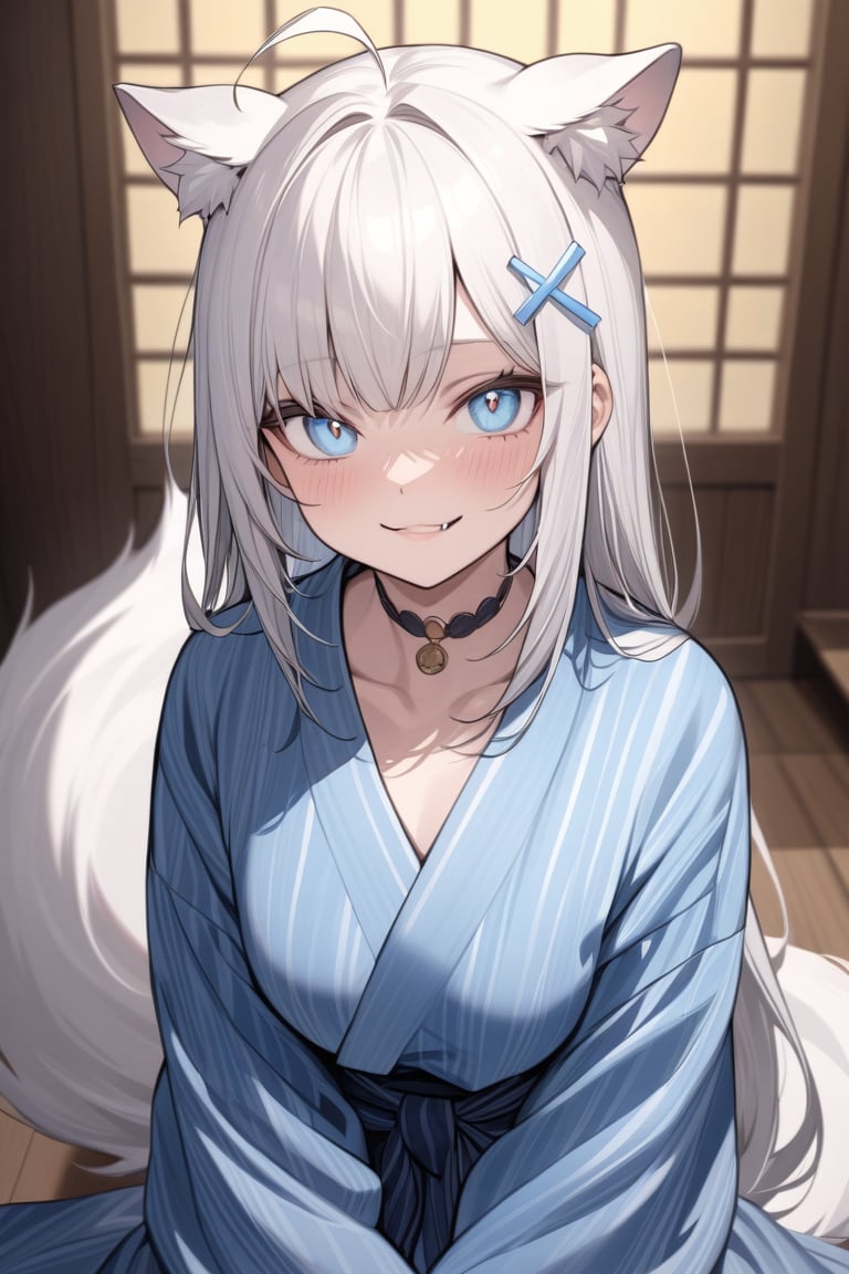  {{{masterpiece}}}, {{{best quality}}}, {{ultra-detailed}}, {beautiful detailed eyes},1girl, stoat girl, solo,  ((white hair)), very long hair, blue eyes, (straight hair), (bangs), animal ears, (stoat ears:1.2), Choker, ahoge, fangs, (big fox Tail:1.2), (blue X hairpin), (cute yukata, colorful yukata), smiling, Beautiful eyes,