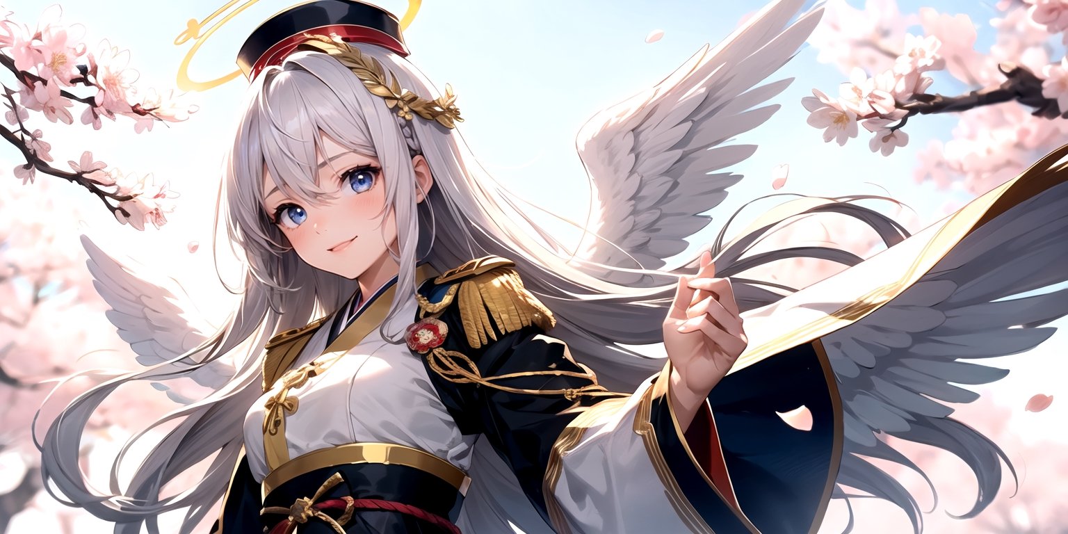  figure, (1girl), (solo), (angel_wings), ((white long curly hair)), blue eyes, two blue ribbons on her hair, (Double golden halo on her head), middle_breast, , cute smile, Japanese military uniform, Japanese military hat, fighting pose, background is cherry blossoms, masterpiece, better_hands, masterpiece, best quality,