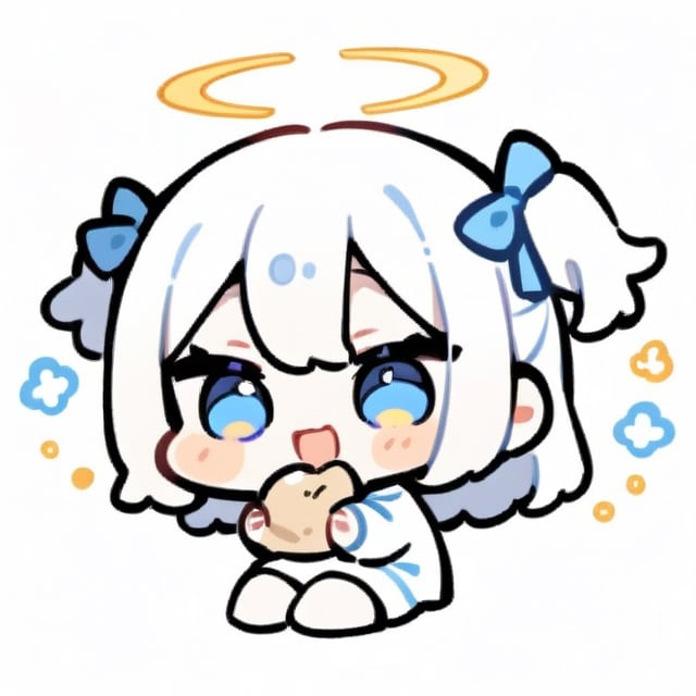  chibi, masterpiece, best quality, solo, 1girl, angel, (white hair), long curly hair, (two side up),blue eyes, (two blue ribbons on her hair), ((Double golden halo on her head)), choker, ((angel wings)), full body, cute smile, best smile, open mouth, Wearing white T-shirt, short pants, eating, simple background,masterpiece,Chibi anime,doodle,cute comic