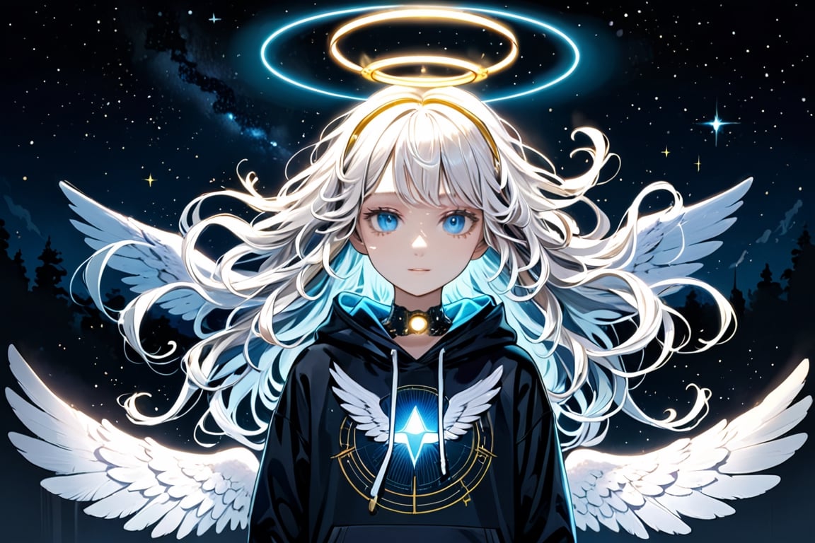 1girl, (angel), white hair, long curly hair, ((two side up)), blue eyes,  (curly hair:1.2), (wavy hair), (hair curls)
, (bangs), (two side up), two blue hair ties on head, (Double golden halo on her head), choker, (angel wings), ahoge, A trendy girl,neon hoodie,cybernetic illuminations,masterpiece, best quality,  aethetic,Waist-up view,more detail XL