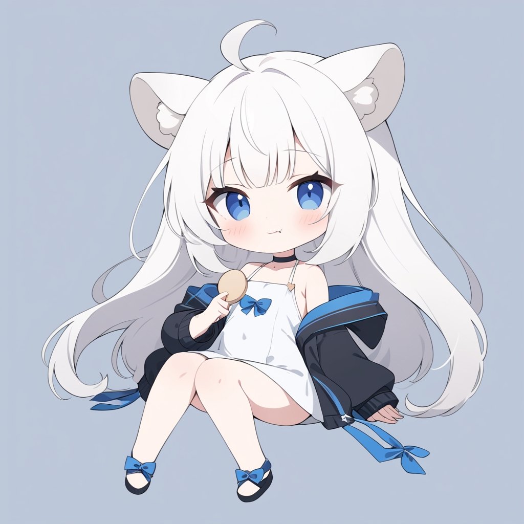 chibi, masterpiece, made by a master, 4k, perfect anatomy, perfect details, best quality, high quality, lots of detail.
(solo),1girl, ((white hair)), very long hair, blue eyes, (straight hair), (bangs), animal ears, (stoat ears:1.2), Choker, ahoge, fang, (big stoat Tail:1.2), (White sleeveless two piece dress, blue chest bow), (black hooded oversized jacket:1.2), (Off the shoulders), (eating a cookie rabbit:1.2), single, looking at viewer, (full body) ,Emote Chibi. cute comic,simple background, flat color, Cute girl,Chibi Style,chibi emote style,portraitart