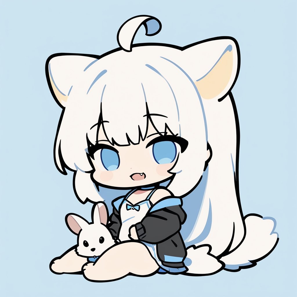 chibi, masterpiece, made by a master, 4k, perfect anatomy, perfect details, best quality, high quality, lots of detail.
(solo),1girl, ((white hair)), very long hair, blue eyes, (straight hair), (bangs), animal ears, (stoat ears:1.2), Choker, ahoge, fang, (big stoat Tail:1.2), (White sleeveless two piece dress, blue chest bow), (black hooded jacket:1.2), (Off the shoulders), (playing with a rabbit:1.2), single, looking at viewer, (full body) ,Emote Chibi. cute comic,simple background, flat color, Cute girl,Chibi Style,chibi emote style,