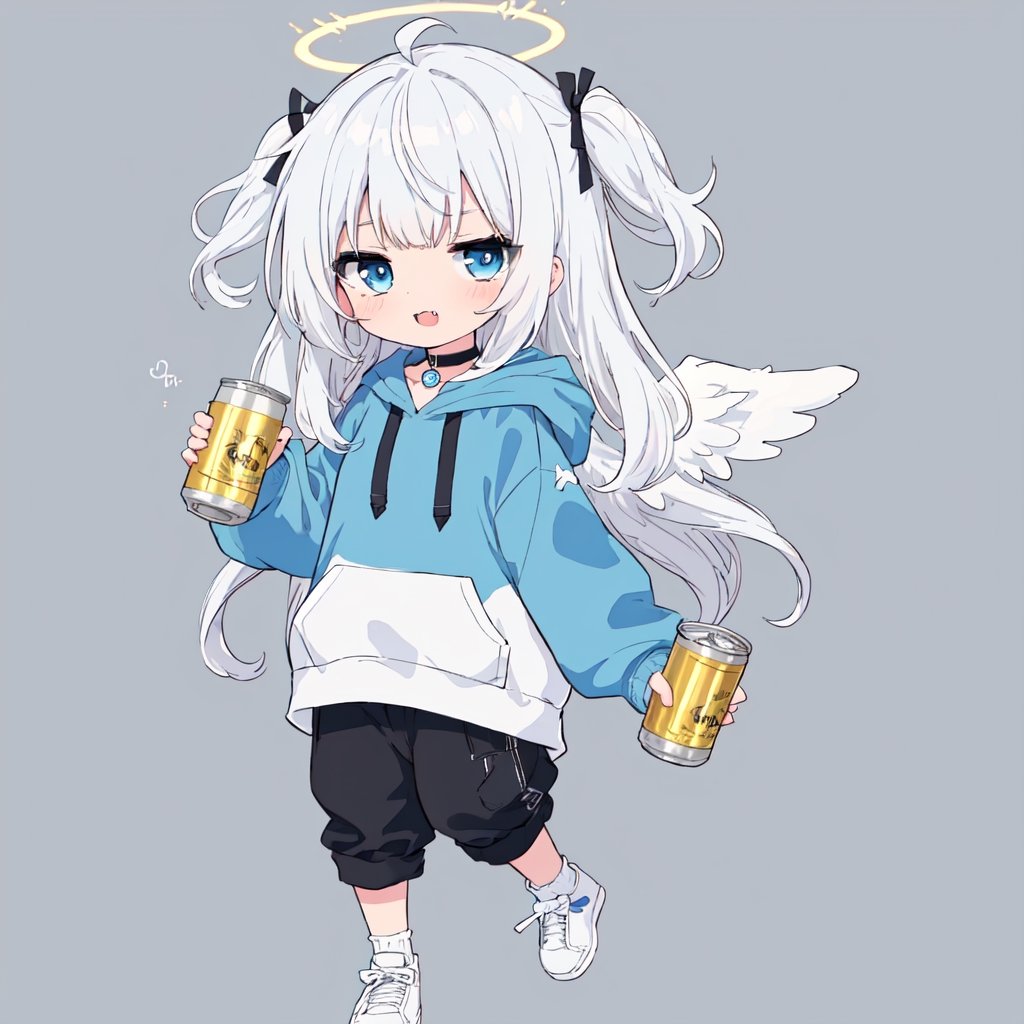 (chibi:1.3), masterpiece, made by a master, 4k, perfect anatomy, perfect details, best quality, high quality, lots of detail.
(solo),1girl, ((angel)), ((white hair)), (long hair:1.3), (two side up), blue eyes,  (curly hair:1.2), (wavy hair), (hair curls), (bangs), (two side up), two ((blue)) hair ties on head, (Double golden halo on her head), choker, ((angel wings)), ahoge, fang, (Gray long sleeve hooded top), Black long pants, white socks, single, looking at viewer, holding can of beer, (full body) ,Emote Chibi. cute comic,simple background, flat color, Cute girl,dal,Chibi Style,lineart,light