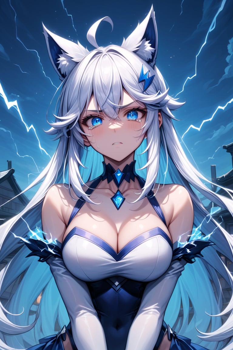 Front view, (score 9, score 8 up, score_7_up, source anime, (masterpiece), best quality, expressive eyes, perfect face, (masterpiece), best quality, expressive eyes, perfect face, at night, 1girl, stoat girl, solo,  ((white hair)), very long hair, blue eyes, (straight hair), (bangs), animal ears, (stoat ears:1.2),
 Choker, ahoge, yaeba, (big white stoat Tail:1.2), (blue X hairpin),, standing, eerily intense, if looks could kill, lightning arcing from her, powerful, on a roof top night time, electricity aura, tears, eyes glowing, taking an action stance, ready to fight