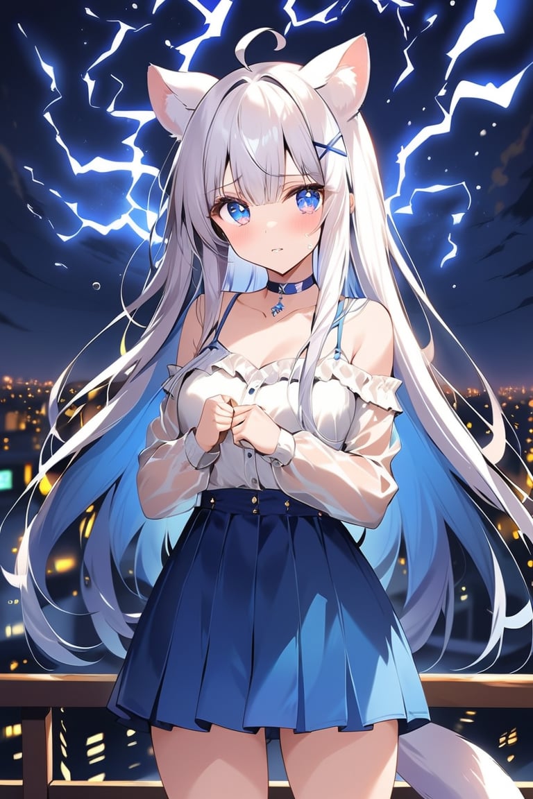 Front view, (score 9, score 8 up, score_7_up, source anime, (masterpiece), best quality, expressive eyes, perfect face, (masterpiece), best quality, expressive eyes, perfect face, at night, 1girl, stoat girl, solo,  ((white hair)), very long hair, blue eyes, (straight hair), (bangs), animal ears, (stoat ears:1.2),
 Choker, ahoge, yaeba, (big white stoat Tail:1.2), (blue X hairpin),, standing, eerily intense, if looks could kill, lightning arcing from her, powerful, on a roof top night time, electricity aura, tears, eyes glowing, taking an action stance, ready to fight