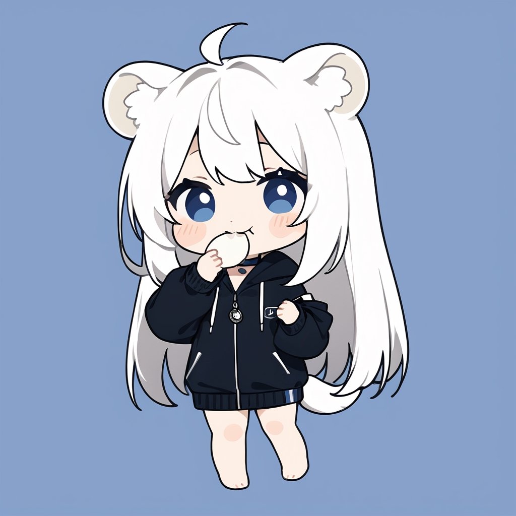 chibi, masterpiece, made by a master, 4k, perfect anatomy, perfect details, best quality, high quality, lots of detail.
(solo),1girl, ((white hair)), very long hair, blue eyes, (straight hair), (bangs), animal ears, (stoat ears:1.2), Choker, ahoge, fang, (big stoat Tail:1.2), (White sleeveless two piece dress, blue chest bow), (black hooded oversized jacket:1.2), (Off the shoulders), (eating a fried dumpling:1.2), single, looking at viewer, (full body) ,Emote Chibi. cute comic,simple background, flat color, Cute girl,Chibi Style,chibi emote style,portraitart