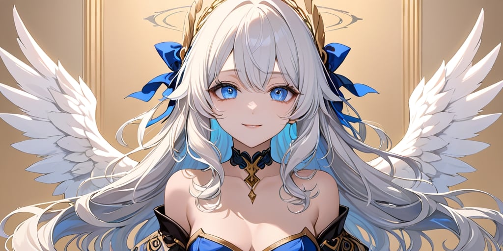 //quality
masterpiece, best quality, aesthetic, 
//Character
1girl, angel, white hair, long curly hair, (two side up), blue eyes, two blue ribbons on her hair, (Double golden halo on her head), choker, angel wings, (beautiful eyes:1.0), big eyes, deailed eyes, (beautiful face:1.0), fine skin, 
(medium breasts:1.2), 
//Fashion 
(The girl is smiling wryly,:1.0), 
//Background 
(Ink painting:1.2),  Light ochre background