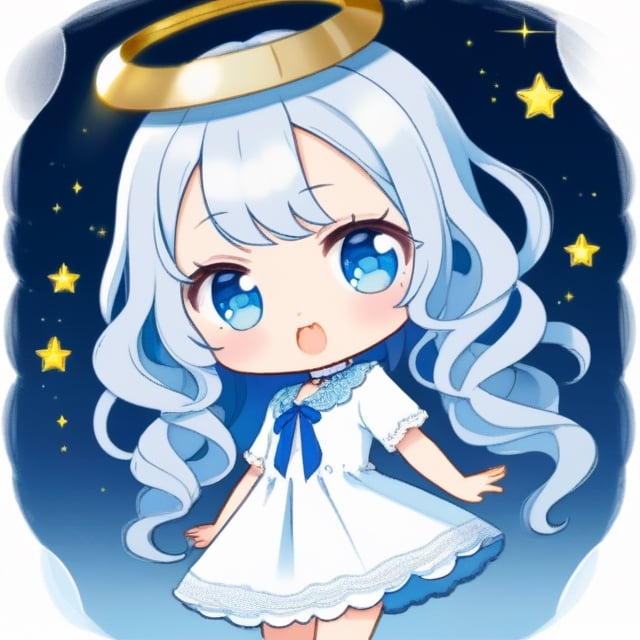 cute, kawaii, chibi, 1girl, angel, ((white hair)), long curly hair, (two side up), blue eyes,  (curly hair:1.2), (wavy hair), (hair curls), (bangs), (two side up), two blue hair ties on head, (Double golden halo on her head), choker, angel wings, ahoge, fang, White dress with blue lace trim, anime style, cute pose,chibi