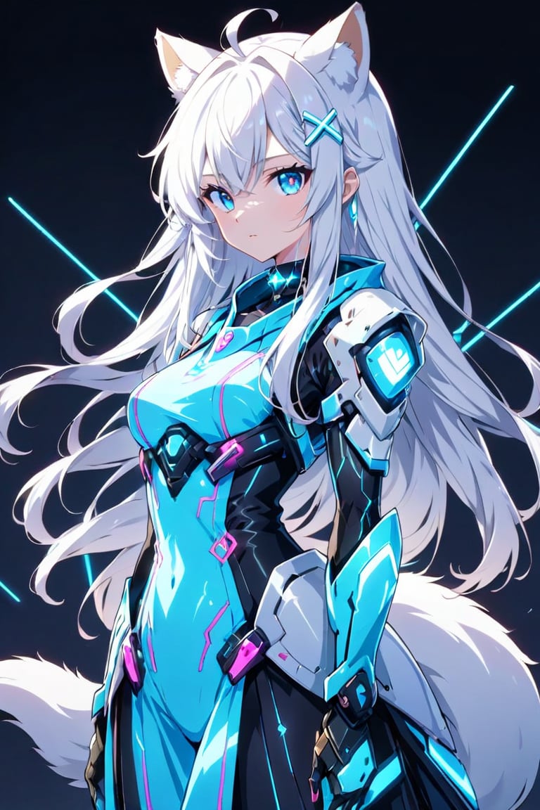 masterpiece, ultra detailed, HD, 

1girl, stoat girl, solo,  ((white hair)), very long hair, blue eyes, (straight hair), (bangs), animal ears, (stoat ears:1.2),
 Choker, ahoge, yaeba, (big white stoat Tail:1.2), (blue X hairpin), solo, Anime style, Japanese anime, cel shading, 

sanpaku eyes, cyberpunk costume, glowing outfit with neon lines, 

Anime Style