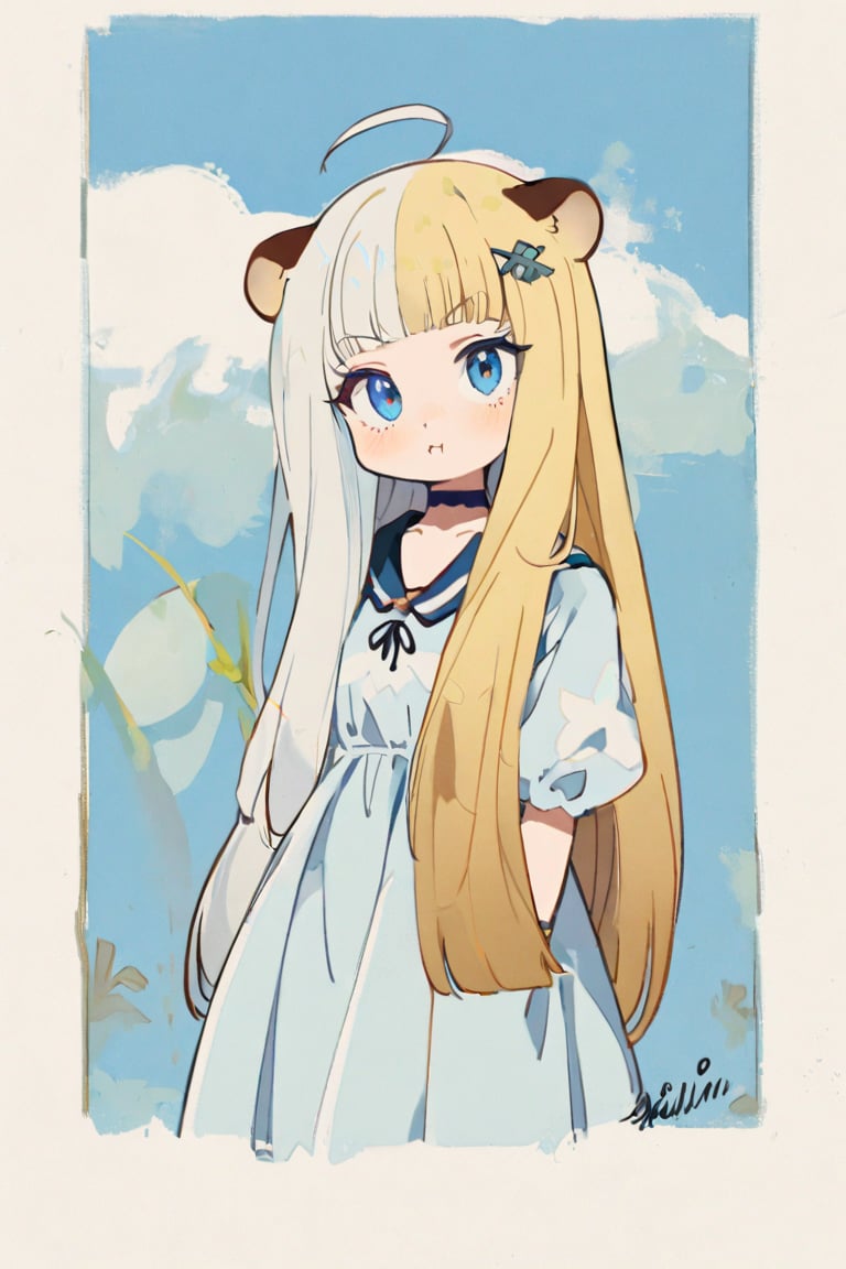 1girl, stoat girl, solo,  ((white hair)), very long hair, blue eyes, (straight hair), (bangs), animal ears, (stoat ears:1.2),
 Choker, ahoge, fangs, (big stoat Tail:1.2), (blue X hairpin), standing next to cute fat rabbit, summer day, symmetry face, niji style, ghibli style