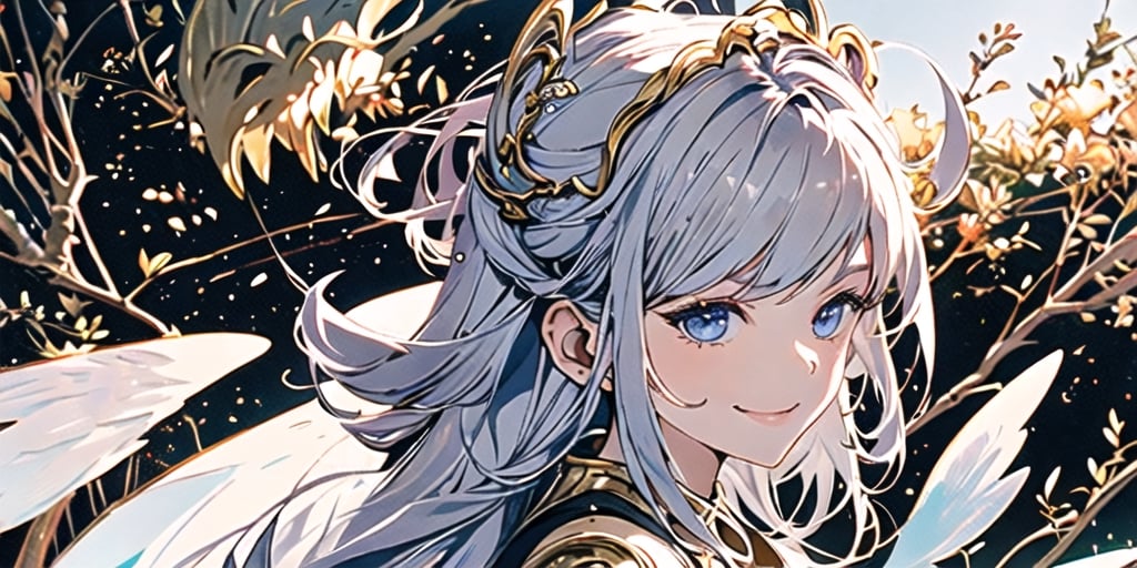 1girl, angel, with sliver long curly hair, blue eyes, two blue ribbons on her hair, (Double golden halo on her head), angel wings, perfecteyes, mage clothing, evil smirk,perfect light,portrait