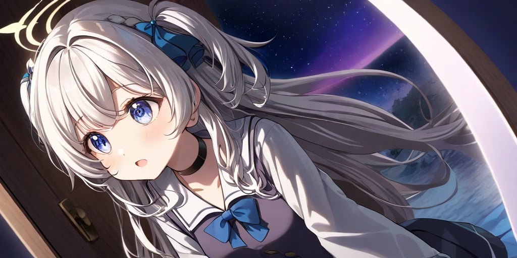 a cute girl reaching starry sky,aurora,The moonlight shines on the face,Mirror-like water,Mare's nest,Look up at the stars,masterpiece, best quality, aesthetic، in Daybreak Purple sky The appearance of a sun streak, 1girl, angel, white hair, long curly hair, two side up,blue eyes, two blue ribbons on her hair, (Double golden halo on her head), choker, angel wings, wearing school uniform, detail blue eyes, surprise, open mouth, a door, ,Beautiful Eyes,more detail XL