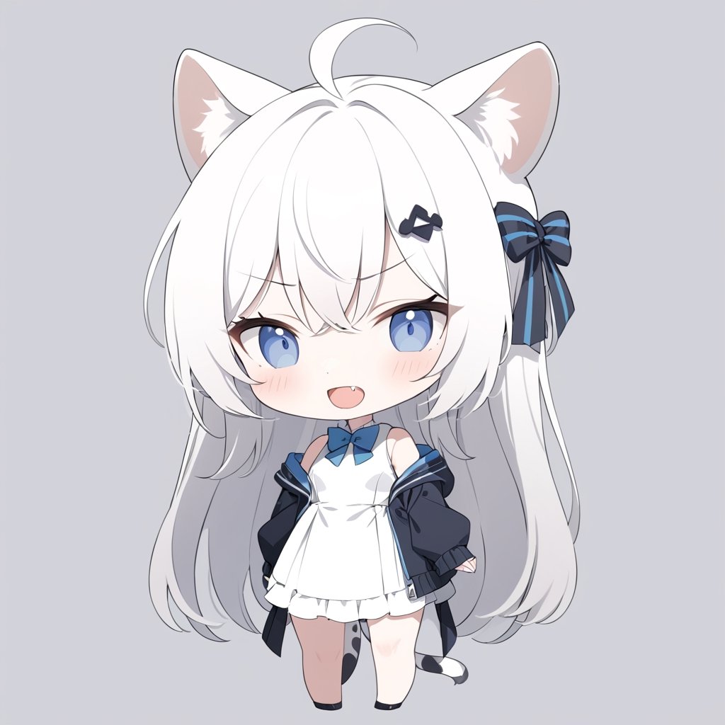 chibi, masterpiece, made by a master, 4k, perfect anatomy, perfect details, best quality, high quality, lots of detail.
(solo),1girl, ((white hair)), very long hair, (bunny hairpin), blue eyes, (straight hair), (bangs), (stoat ears:1.2), ahoge, fangs, (stoat Tail:1.2), (White sleeveless dress, blue chest bow), (black hooded jacket), (Off the shoulders), single, looking at viewer, (slightly angry), (chuckle), (full body) ,Emote Chibi. cute comic,simple background, flat color, Cute girl,Chibi Style,