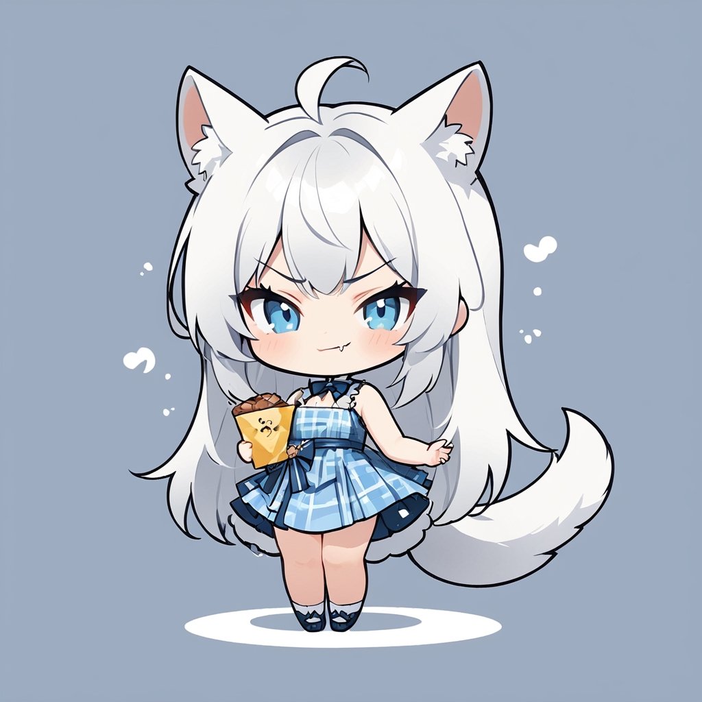 chibi, masterpiece, made by a master, 4k, perfect anatomy, perfect details, best quality, high quality, lots of detail.
(solo),1girl, ((white hair)), very long hair, blue eyes, (straight hair), (bangs), (stoat ears:1.2), ahoge, fang, (big stoat Tail:1.2), (plaid dress, chest bow), eating food, single, looking at viewer, (slightly angry), (chuckle), (full body) ,Emote Chibi. cute comic,simple background, flat color, Cute girl,Chibi Style,