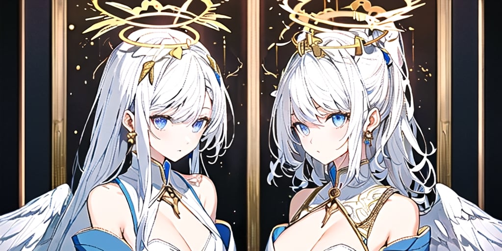 masterpiece, best quality, highres, kta1,1girl, angel, white hair, long curly hair, blue eyes, two blue ribbons on her hair, (Double golden halo on her head), angel wings, ponytail, detached sleeves, cleavage, jewelry, bare shoulders, medium breasts, tabi, japanese clothes, detached collar,perfect light,portrait