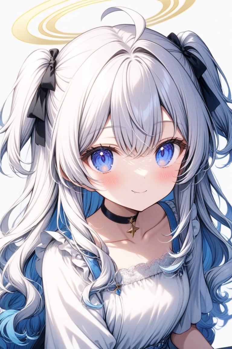 1girl, angel, ((white hair)), long curly hair, (two side up), blue eyes,  (curly hair:1.2), (wavy hair), (hair curls)
, (bangs), (two side up), two blue hair ties on head, (Double golden halo on her head), bowtie choker, angel wings, ahoge, fang,solo, looking at viewer, smile, simple background, White dress with blue trim, white background, hair between eyes, closed mouth, collarbone, upper body, female focus, sit on chair in garden 
