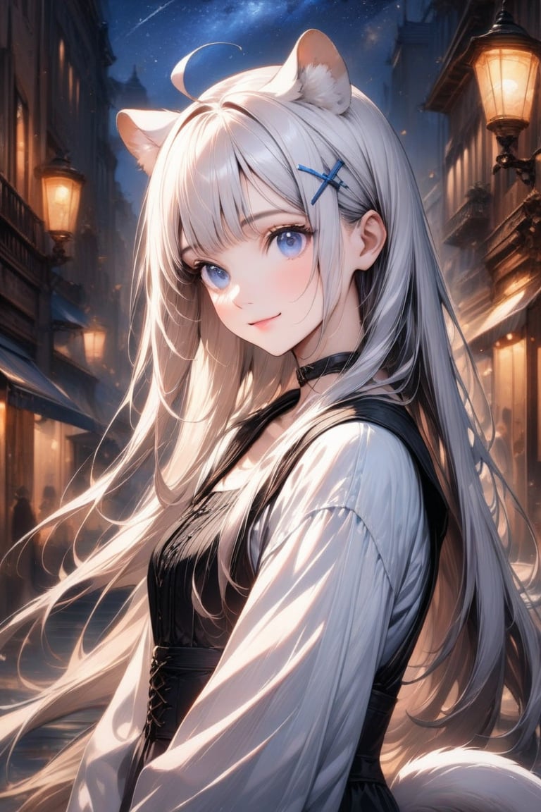 1girl, stoat girl, solo,  ((white hair)), very long hair, blue eyes, (straight hair), (bangs), animal ears, (stoat ears:1.2),
 Choker, ahoge, yaeba, (big white stoat Tail:1.2), (blue X hairpin), masterpiece quality, upper body, looking at viewer, smiling, corset, walking in renacentist city, close up, stunning image, light particles, stunning image, digital art, professional style, ((masterpiece quality: 2)), starry night, close up, attractive image, fine art parody, oil painting style. 