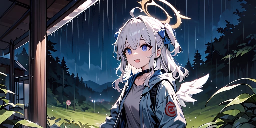 digital painting,1girl, angel, white hair, long curly hair, (two side up), blue eyes, two blue bows on head, (Double golden halo on her head), choker, angel wings on back, ahoge, Using huge leaves to block the rain, Wearing grey Hooded T-shirt, long sleeves, is looking up at the kamera with a surprised expression, cute smile. best smile, open mouth, outdoor, night, countryside, rain, forest, Under the big tree, bus stop sign, standing ,
masterpiece, best quality, aethetic, closed mouth, jacket, , smile, solo,aesthetic,