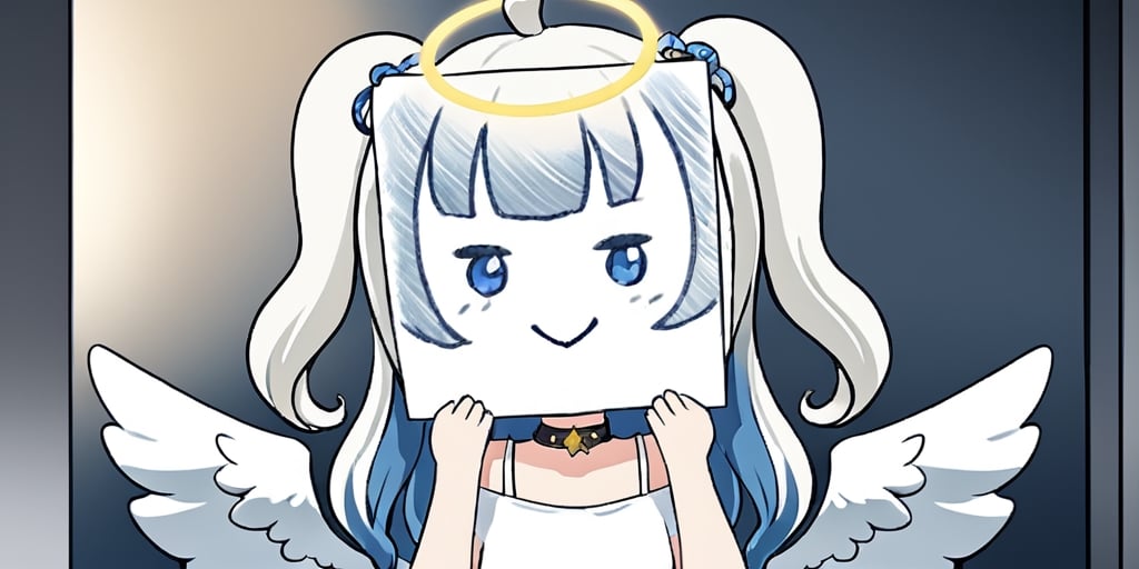 //quality, (masterpiece:1.4), (detailed), ((,best quality,)),//1girl, angel, white hair, long curly hair, (two side up), blue eyes,  (curly hair:1.2), (wavy hair), (hair curls)
, (bangs), (two side up), two blue hair ties on head, (Double golden halo on her head), choker, (angel wings), ahoge, fang,(white T-shirt)//, :>, smiling,//,(holding paper:1.1),//,room, (PaperLikeFace :1.4),PaperLikeFace,