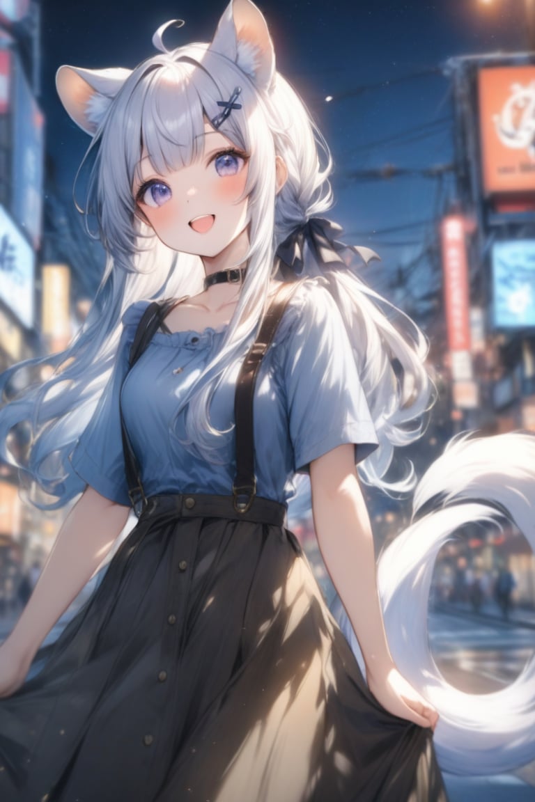 1girl, stoat girl, solo,  ((white hair)), very long hair, blue eyes, (straight hair), (bangs), animal ears, (stoat ears:1.2),
 Choker, ahoge, yaeba, (big white stoat Tail:1.2), (blue X hairpin), very beautiful girl, smiling open mouth, happy, ponytail hairstyle, long hair, himecut hairstyle, casual outfit, Tokyo, watercolor splashes, masterpiece quality, stunning image, masterpiece, 8K, stunning image, light particles, attractive image, reflections, watercolor \(medium\)