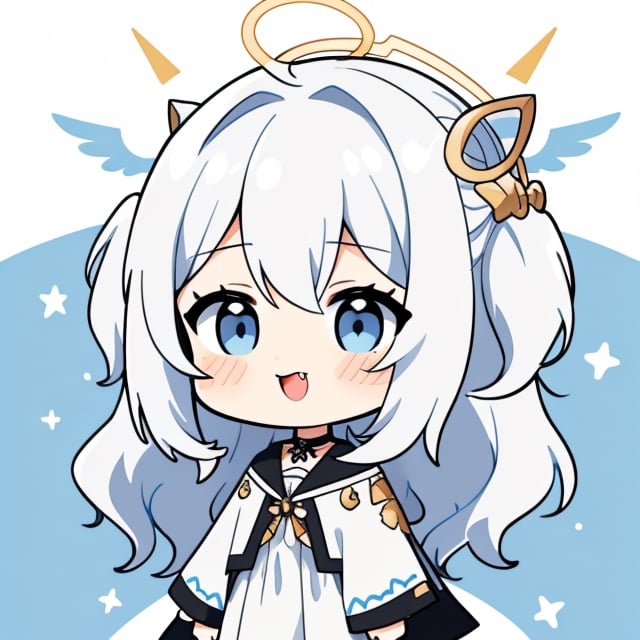 cute, kawaii, chibi, 1girl, angel, ((white hair)), long curly hair, (two side up), blue eyes,  (curly hair:1.2), (wavy hair), (hair curls), (bangs), (two side up), two blue hair ties on head, (Double golden halo on her head), choker, angel wings, ahoge, fang, White dress with blue lace trim, anime style, cute pose,chibi