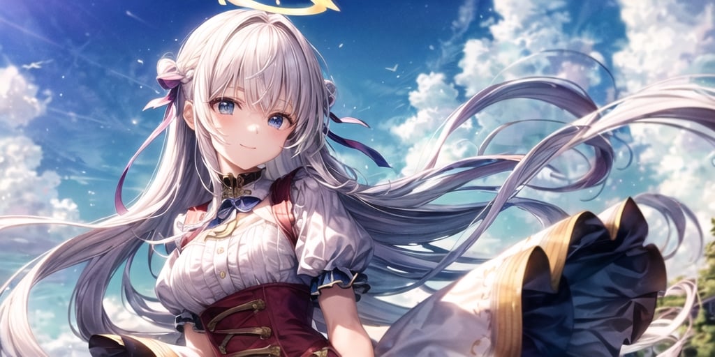  (Best Picture Quality, High Quality, Best Picture Score: 1.3), , Perfect Beauty Score: 1.5, long hair, 1 angel girl, (solo), ((white hair)), (long curly hair), blue eyes, ((two blue ribbons on her hair)), (Double golden halo on her head), (angel wings), (cute outfit), wearing short sleeve, cute smile, Riding a bicycle on the road, background is The sky , beautiful, cute, masterpiece, best quality,