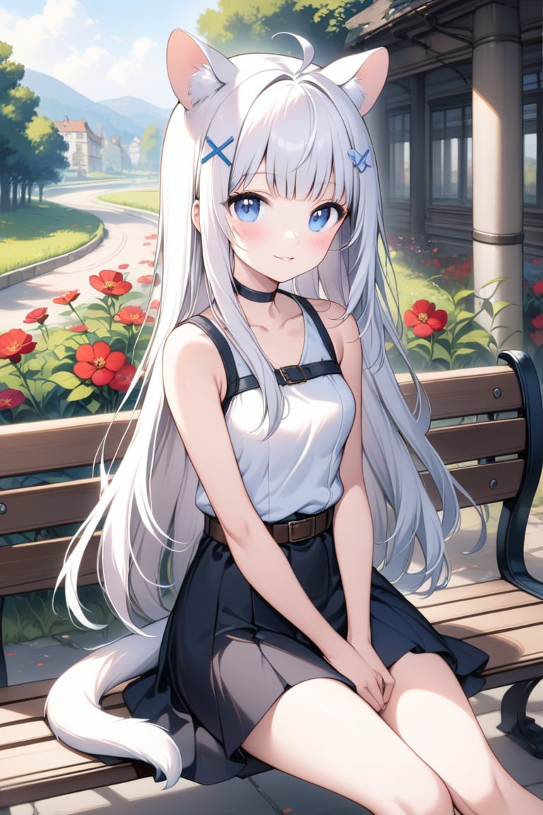 1girl, stoat girl, solo,  ((white hair)), very long hair, blue eyes, (straight hair), (bangs), animal ears, (stoat ears:1.2),
 Choker, ahoge, yaeba, (big white stoat Tail:1.2), (blue X hairpin), solo, breasts, looking at viewer, smile, bangs, skirt, bare shoulders, sitting, white shirt, flower, outdoors, parted lips, sleeveless, day, belt, sleeveless shirt, black skirt, red flower, bench, hands on lap, fine art parody, oil painting style,