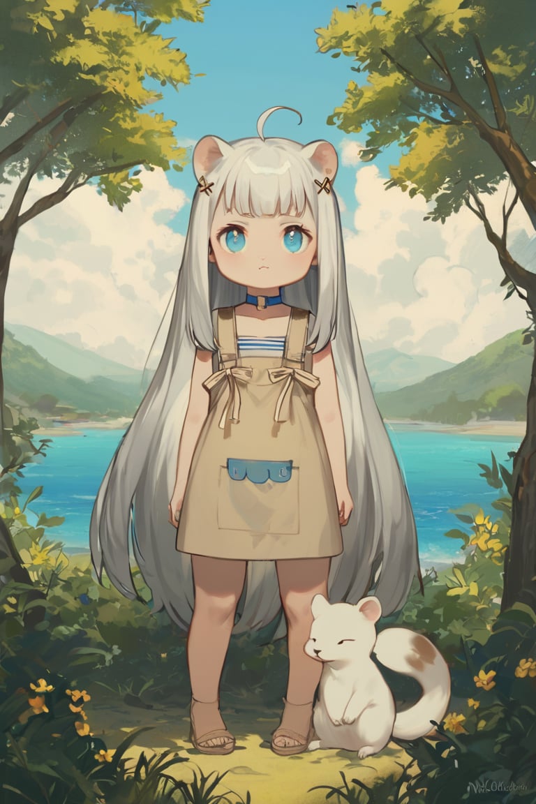 1girl, stoat girl, solo,  ((white hair)), very long hair, blue eyes, (straight hair), (bangs), animal ears, (stoat ears:1.2),
 Choker, ahoge, fangs, (big stoat Tail:1.2), (blue X hairpin), standing next to cute fat rabbit, summer day, symmetry face, niji style, ghibli style