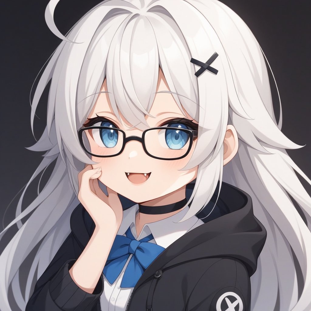 {{{masterpiece}}}, {{{best quality}}}, {{ultra-detailed}}, {beautiful detailed eyes},1girl, solo,  ((white hair)), very long hair, blue eyes, (straight hair), (bangs), animal ears, (stoat ears:1.2), Choker, ahoge, fangs, (big stoat Tail:1.2), (X hairpin), (White sleeveless collared dress, blue chest bow), (black hooded oversized jacket:1.2), (Off the shoulders), (glasses), O_O, smile, hand on face, upper body,chibi emote style,chibi,emote,aesthetic,score_9