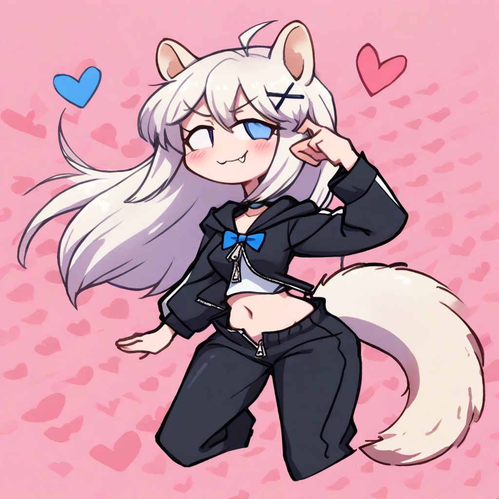 Heart background,1girl, stoat girl, solo,  ((white hair)), very long hair, blue eyes, (straight hair), (bangs), animal ears, (stoat ears:1.2),
 Choker, ahoge, fangs, (big stoat Tail:1.2), (blue X hairpin), (White collared sleeveless top, (midriff), blue chest bow), 
(black hooded oversized jacket:1.2), (jacket zipper half unzipped), (black short pants) (Off the shoulders), happy, smile,smug face, heart,l ong hair,seductive smile, blush,full body,girl focus, navel,food, midriff, 