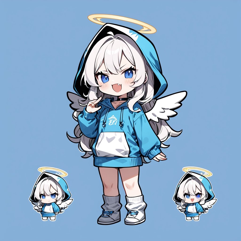 (chibi:1.3), masterpiece, made by a master, 4k, perfect anatomy, perfect details, best quality, high quality, lots of detail.
(solo),1girl, ((angel)), ((white hair)), (long hair:1.3), (two side up), blue eyes,  (curly hair:1.2), (wavy hair), (hair curls), (bangs), (two side up), two ((blue)) hair ties on head, (Double golden halo on her head), choker, ((angel wings)), ahoge, fang, (Blue long sleeve hooded top), ((hood up)), ((put on hood)), Blue pants, white socks, single, slightly angry, (evil smile), (one hand raised), (full body) ,Emote Chibi. cute comic,simple background, flat color, Cute girl,dal,Chibi Style,lineart,