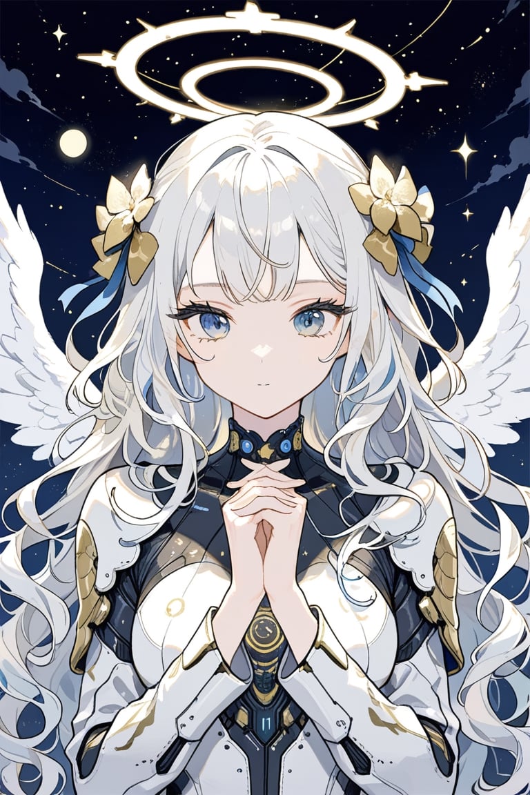 1girl, angel, white hair, long curly hair, two side up,blue eyes, two blue ribbons on her hair, (Double golden halo on her head), choker, angel wings, cyber suit, own hands together, night, upper body, looking away, masterpiece,  best quality,  aesthetic,lineart, LineAniAF