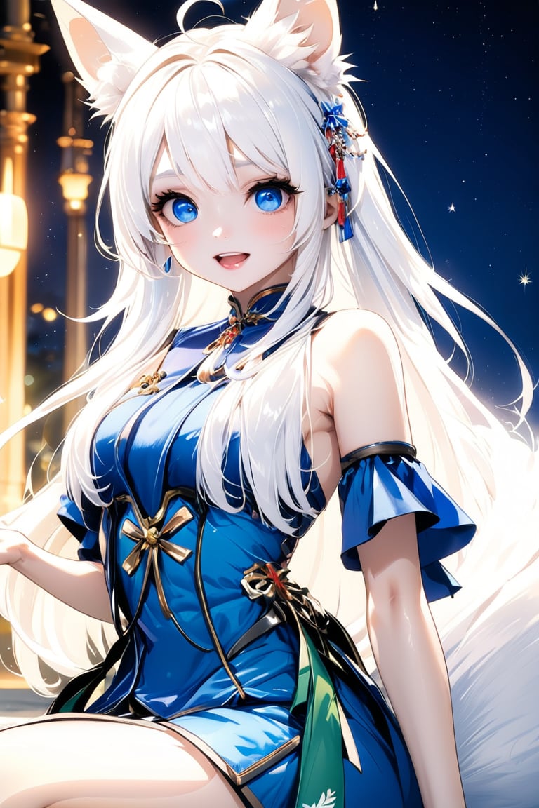 1girl, stoat girl, solo,  ((white hair)), very long hair, blue eyes, (straight hair), (bangs), animal ears, (stoat ears:1.2),
 Choker, ahoge, fangs, (big stoat Tail:1.2), (blue X hairpin), (blue chest bow), cute outfit, portrait, anime style, night light, charming, nature,Anime Style.