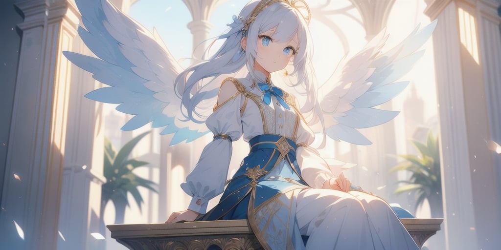 vibrant colors, female, masterpiece, sharp focus, best quality, depth of field, cinematic lighting, ((solo, one woman )), (illustration, 8k CG, extremely detailed), masterpiece, ultra-detailed,
1angel, (white hair), long curly hair, blue eyes, (two blue ribbons on her hair), (Double golden halo on her head), angel wings, Sitting on a seat, look to the sky,perfect light,masterpiece,portrait,long skirt