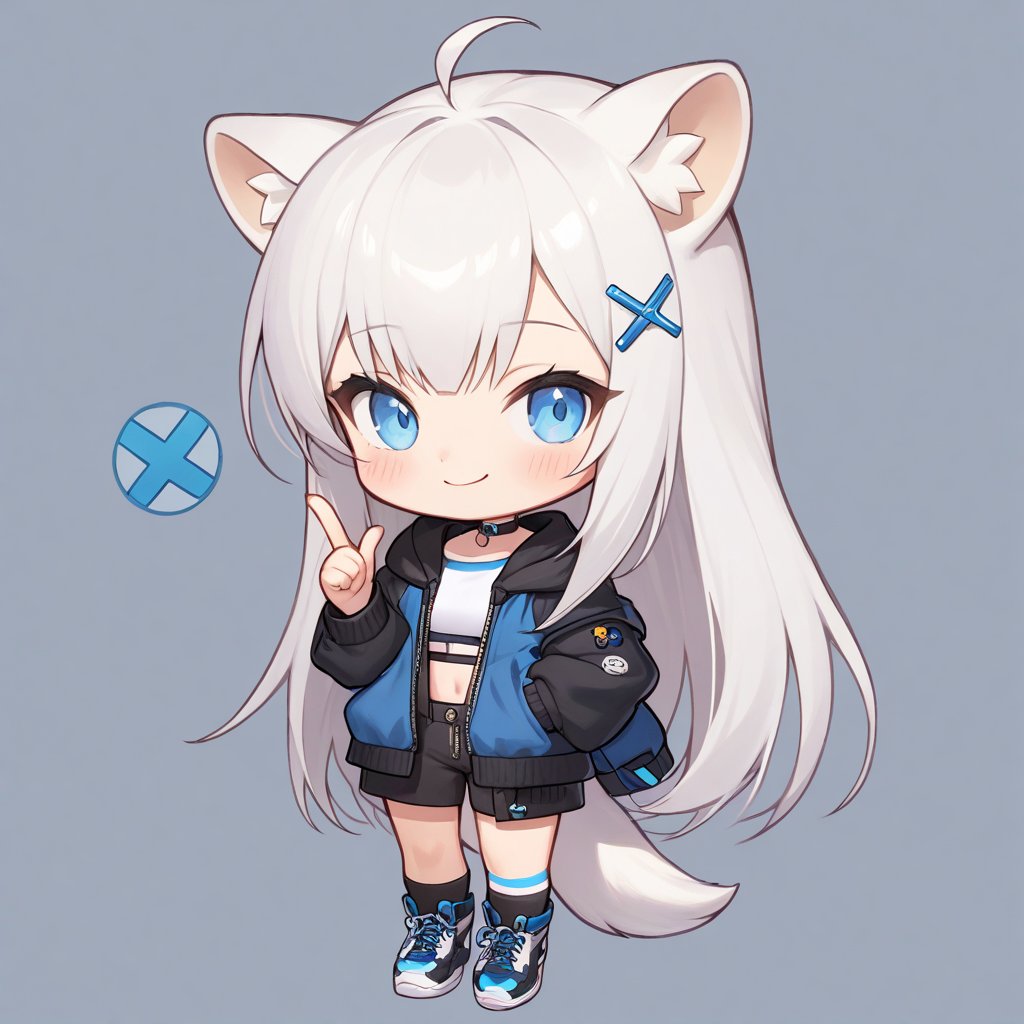 1girl, stoat girl, solo,  ((white hair)), very long hair, blue eyes, (straight hair), (bangs), animal ears, (stoat ears:1.2),
 Choker, ahoge, yaeba, (big white stoat Tail:1.2), (blue X hairpin), solo, long hair, looking at viewer, sticker image, blush, smile, bangs, blue eyes, skirt, simple background, shirt, white background, bow, animal ears, very long hair, closed mouth, standing, tail, full body, no shoes, hand up, chibi, animal ear fluff, hand on hip, (White collared sleeveless top, (midriff), blue chest bow), (black hooded oversized jacket:1.2), (jacket zipper half unzipped), (black short pants) (Off the shoulders), white footwear, suspenders, sneakers, index finger raised, extra ears, suspender skirt