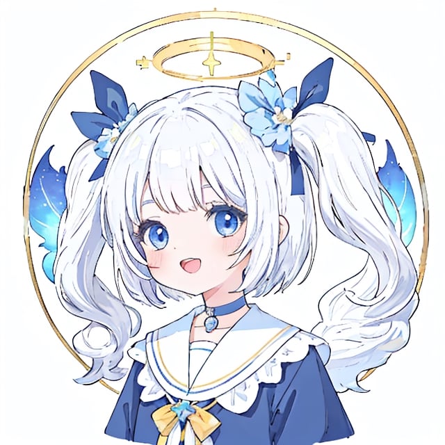 (masterpiece, top quality, best quality, official art, beautiful and aesthetic:1.2),(8k, best quality, masterpiece:1.2), 1girl, angel, white hair, long curly hair, two side up, Bangs, blue eyes, two blue ribbons on her hair, (Double golden halo on her head), choker, angel wings, blue choker, dress, cute smile, open mouth, masterpiece, best quality, aesthetic, realistic, ,game icon institute,line anime