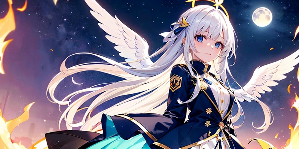  (Best Picture Quality, High Quality, Best Picture Score: 1.3), , Perfect Beauty Score: 1.5, long hair, 1 angel girl, (solo), ((white hair)), (long curly hair), blue eyes, ((two blue ribbons on her hair)), (Double golden halo on her head), (angel wings), (cute outfit), ((wearing aBlack Flames Jacket)), cute smile, background is the night sky with the bright moon hanging high, beautiful, cute, masterpiece, best quality,masterpiece