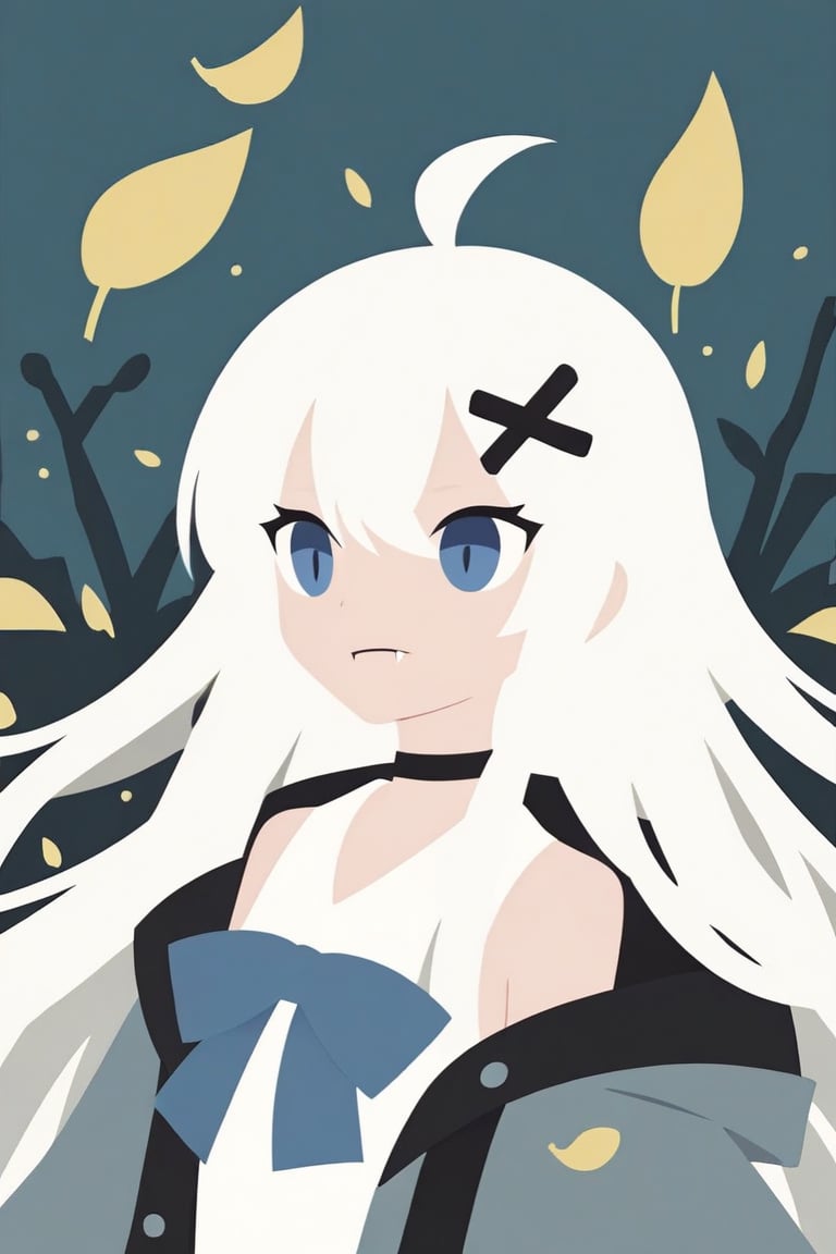 score_9, score_8_up, score_7_up, Minimalstyle, 1girl, solo,  ((white hair)), very long hair, blue eyes, (straight hair), (bangs), animal ears, (stoat ears:1.2), Choker, ahoge, fangs, (big stoat Tail:1.2), (X hairpin), (White sleeveless collared dress, blue chest bow), (black hooded oversized jacket:1.2), (Off the shoulders) ,simple, faceless female, beautiful, extremely detailed, vector, headshot,falling leaves,minimalstyle