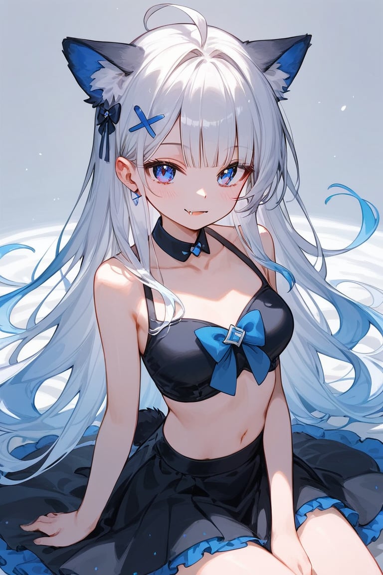 (score_9, score_8_up, score_7_up), 1girl, stoat girl, solo,  ((white hair)), very long hair, blue eyes, (straight hair), (bangs), animal ears, (stoat ears:1.2),
 Choker, ahoge, fangs, (big stoat Tail:1.2), (blue X hairpin), (White collared sleeveless top, (midriff), blue chest bow), dress, long hair, smile, solo, (medium breasts:2), white hair, black dress, looking at viewer, breasts, bare shoulders, sidelocks, collarbone, blush, sitting, purple eyes, blue eyes, beautiful eyes, (petite:2), blunt bangs, gradient hair, 