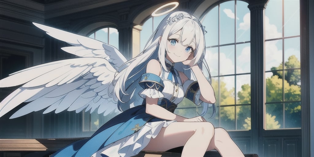 vibrant colors, female, masterpiece, sharp focus, best quality, depth of field, cinematic lighting, ((solo, one woman )), (illustration, 8k CG, extremely detailed), masterpiece, ultra-detailed,
1angel, (white hair), long curly hair, blue eyes, (two blue ribbons on her hair), (Double golden halo on her head), angel wings, dress, cute outfit, Sitting on a seat, eating  bread, best smile, cute face, perfect light,1girl white hair blue eyes x hair ornament,masterpiece